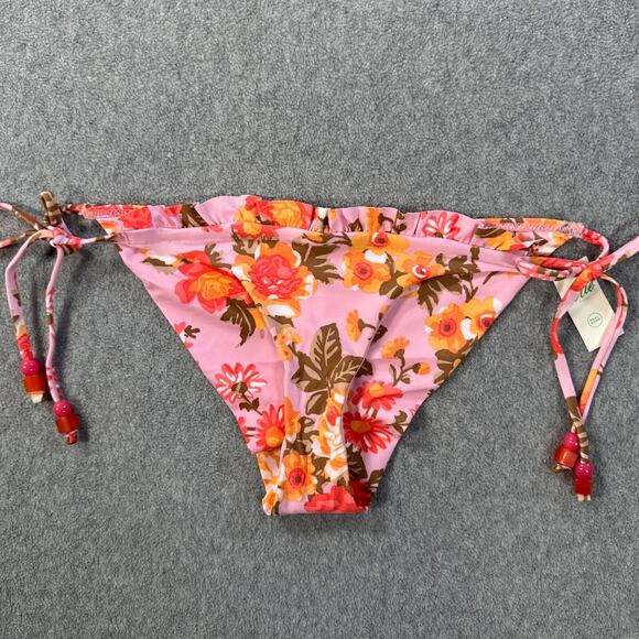 Aerie Floral Ruffle Beaded Tie Bikini Cheeky Bottoms Size Small Pink Orange New - Picture 1 of 10